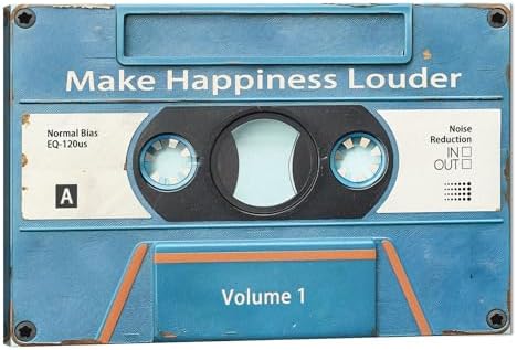 MAMAGO Vintage Cassett Tape Prints Motivational Wall Decor Blue Tape HD Print Make Happiness Louder for Office Bedroom Living Room Framed Easy to Hang-24 x 36 inch