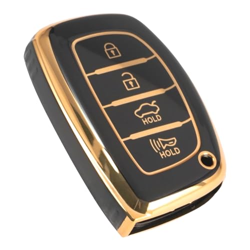 Image of TPU Car Key Cover Black & Golden Compatible for Hyundai Creta, Venue, I20 (2021),Elantra, Tucson (Hyundai, 4 Button Push Smart Key)