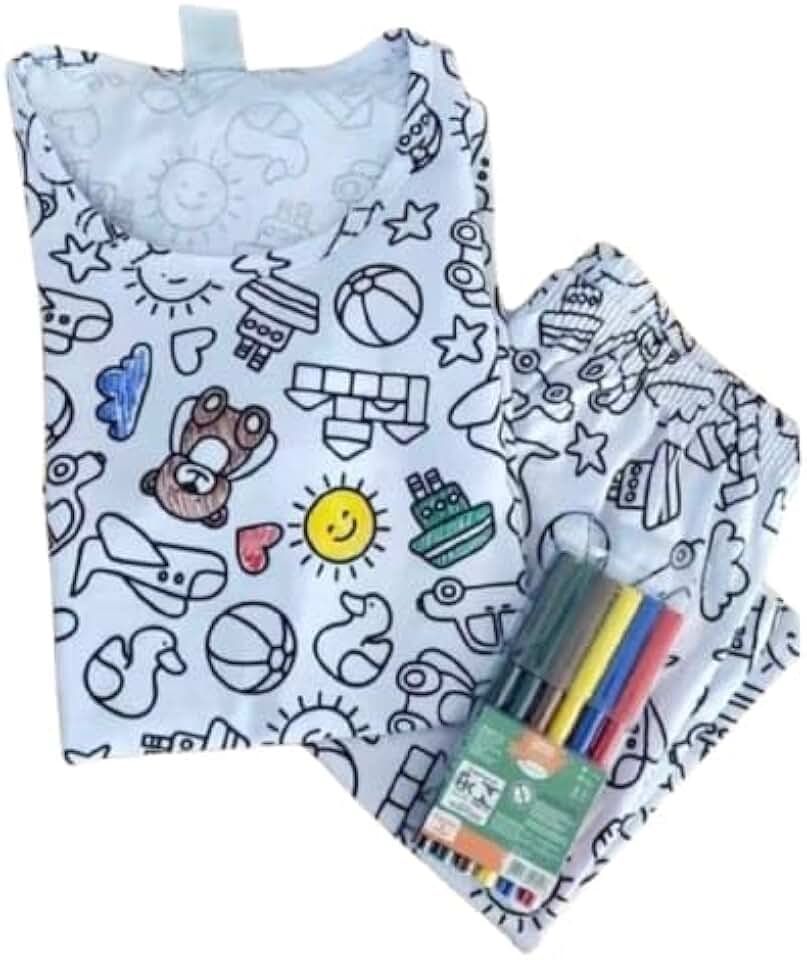 Pijama Infantil de Colorir com Canetinhas – Lavável, Criativo e Divertido Unissex Manga Curta