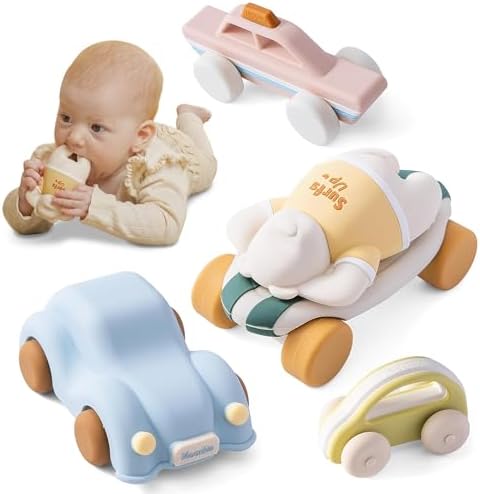 Moonkie Surf & Go Auto Spielzeug Set, 5er Pack, Silikon Spielzeugautos, Beißring Baby, Kinderspielzeug Geschenke Junge&Mädchen 6 Monate + 1 2 3 Jahre, BPA-frei, Sensorik Spielzeug,