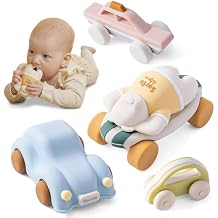 Moonkie Food Grade Silicone Toy Cars for Babies & Toddlers, Push and Go Baby Cars, Baby Teething Toys for 6-12 Months, Easy-to-Hold Hollow Body, Birthday Gift for Boys & Girls, 5 Pack