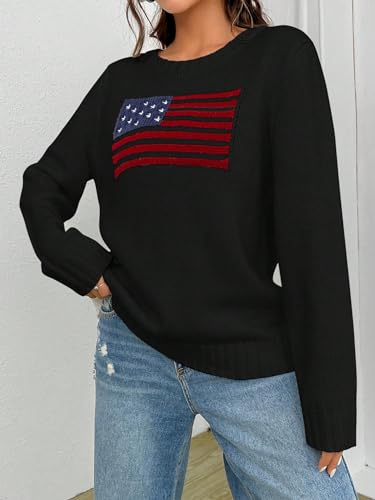 Image of SweatyRocks Women's Flag Pattern Long Sleeve Round Neck Sweater Casual Loose Pullover Sweater