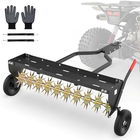 Seeutek 40 Inch Tow Behind Spike Aerator - Heavy Duty Rolling Lawn Aerator with 3D Steel Tines & Weight Tray, Extra-Wide Tow Bar Soil Penetrator Spikes Tractor with Folding Shovel for Lawn Garden Farm