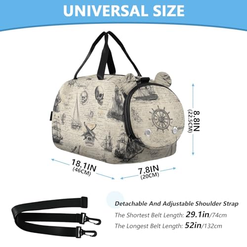 Beige Pirate Sailing Ships Skull Flags CuwrYet Duffel Bag Sports Gym Bag Travel Overnight Bag With Shoe Compartment School Dance Tote Weekender Bag For Boys Girls Kids3