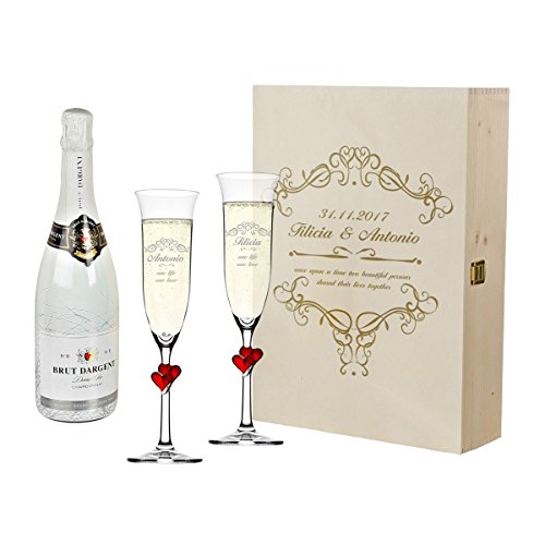polar-effekt 2 Sektgläser mit roten Herzen und Sekt-Flasche in Geschenkbox - Personalisiert mit Gravur - Hochzeit Geschenkidee Sektglas-Set - Motiv Ornamente