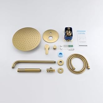 TIPOK Brushed Gold Shower System with 10 Inch Rain Shower Head and Handheld, Gold Shower Faucet Set Has High-Pressure Rain Showerhead and Pressure Balance Golden Brush Brass Valve for Shower Fixtures