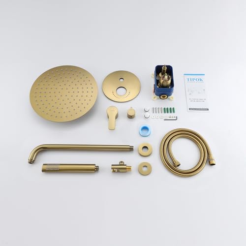 Shower System, Shower Faucet Set Complete Rain Shower Head with Handheld Shower, Bathroom Wall Mounted Rain Shower Fixture with Handheld Kit (Round Gold Shower + Rough Valve)
