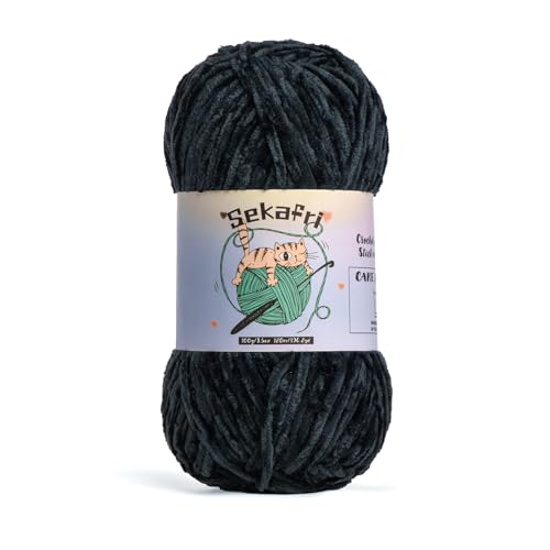 Image of Fuzzy Chenille Yarn for Crocheting, Fluffy Amigurumi Crochet Yarn for DIY Craft /Hat /Shoes, (100g /197yds) Soft Velvet Baby Blanket Yarns（Black）