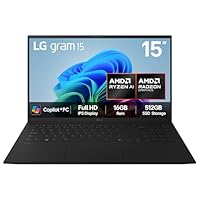 LG gram 15Z80T (Excl.)- 15.6 inch FHD IPS Ultra-Lightweight Laptop, AMD Ryzen AI 7 350, AMD Radeon 860M GPU - 50 TOPS NPU, 16GB RAM, 512GB SSD, Copilot +PC, Windows 11 Home, Black (2025)