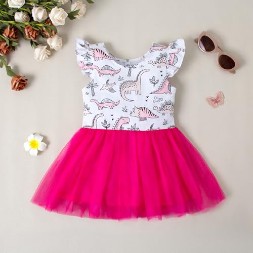 Infant Toddler Baby Girls Dress Dinosaur Ruffle Sleeveless Dresses Dark Pink Tulle Tutu Skirt Outfit Clothes Set3
