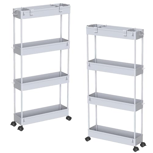 Image of SPACELEAD 2-piece Set Slim Storage Cart 3 Tier,Bathroom Organizer Rolling Utility,Mobile Shelving Unit Slide Out for Office, Kitchen, Laundry Room & Narrow Places