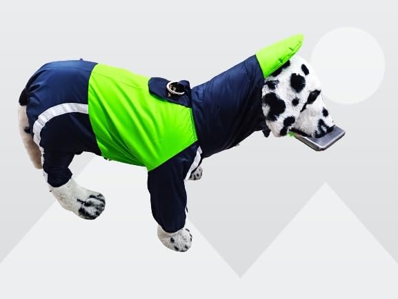 Bhumi Enterprises Dog Raincoats Rain Snow Coats Waterproof Clothing 4 Four Legs Raincoat Full-Cover Dogs Hooded Poncho(Neon Green -Navy Blue) (32) 3