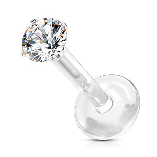 Tata Gisèle Piercing Labret Monroe Acier Chirurgical et Bioflex - Labret Type Push in avec Zircon Rond Serti Quatre Griffes et Base Plate en Bio Flex - (Or...