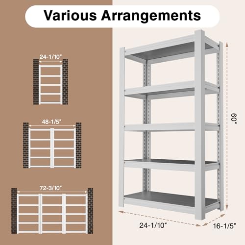 Image of WORKPRO House 5-Tier Shelving Unit, 3000lbs Adjustable Storage Shelves, Boltless Book Shelf, Shelf Organizer for Kitchen, Living Room, Bathroom, Wood Grain Pattern, Waterproof Board, 24-1 /10 inchW, White
