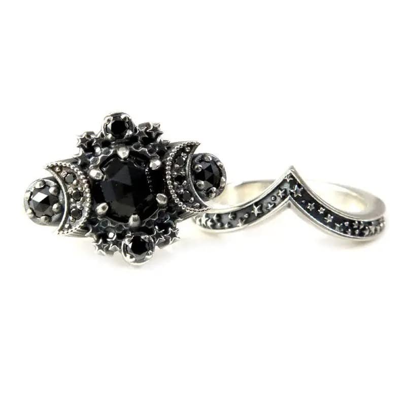 Triple Moon Goddess Ring Set Black Crystal Star Wicca Pagan Cresent For Women Wedding Engagement Wiccan Jewelry2