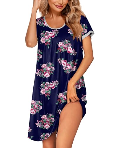 Image of Ekouaer Women's Nightgown Short Sleeve Sleepwear Comfy Sleepshirts Pleated Scoopneck Nightshirt S-XXXL