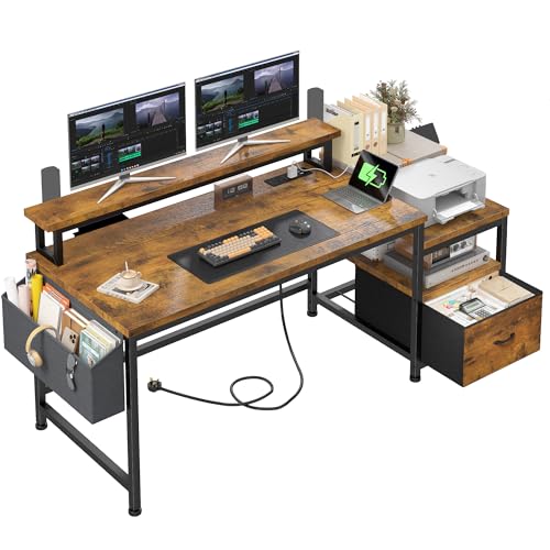 Computer Desk with Drawers and Printer Storage,Corner Desk with Charging Port & Power Outlet & Monitor Shelf, 140x50cm Home Office Desk ReversibleStudy Table for Home worker and College Student Brown