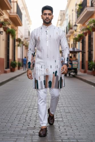 Image of Trustous Men's White Printed Kurta | Stylish Ethnic Wear Kurta for Men | Regular Fit Traditional Kurta | Festive, Wedding, Party & Casual Wear