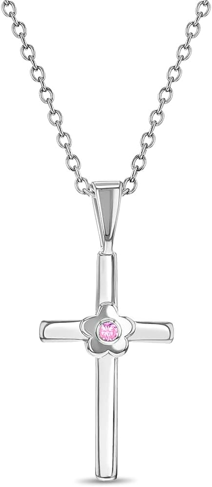 In Season Jewelry Cross Necklace for Girls - Hypoallergenic 925 Sterling Silver Small Religious Cross Pendant with Cubic Zirconia Flower - 16" Chain, Christian Gifts for Children & Preteens