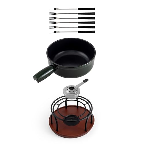 Swissmar Ticino Cast Iron Fondue Set with Enameled Interior 2L / 2 QT 9-Piece Cheese & Chocolate Fondue Pot with Forks Burner & Beechwood Base Perfect for Family Gatherings & Gift Giving Green