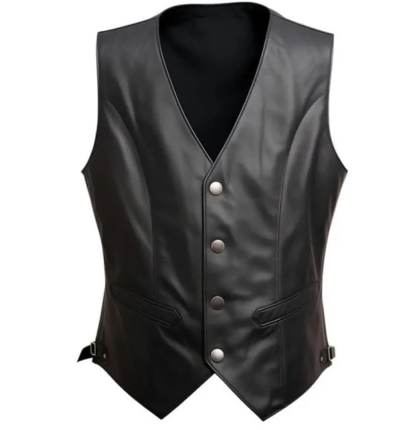 Black Leather Biker Vest Genuine Cowhide Snap Closure Lightweight Western Waistcoat