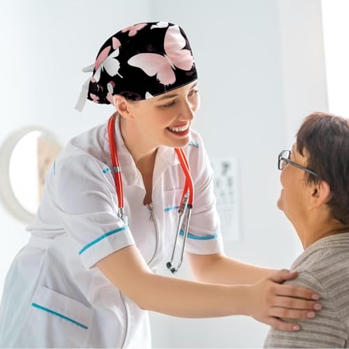 Image of Butterfly Scrub Cap Women with Ponytail & Buttons Adjustable Surgical Nurse Hat with Cotton Sweatband for Long Hair