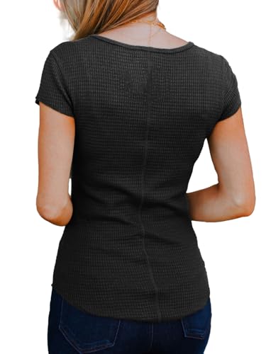 Women's Short Sleeves Snap Button Down Blouses Stretchy Waffle Knit Basic Crew Neck Henley Shirts2