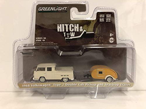 Greenlight 1: 64 Hitch & Tow Series 10 - Volkswagen Type 2 Pickup with Tear Drop Trailer Diecast Vehicle