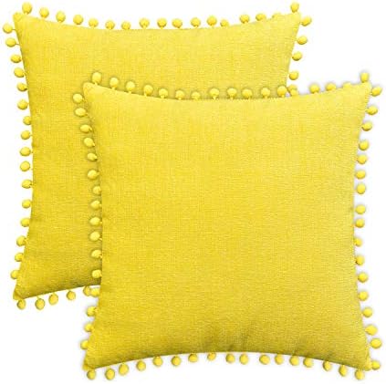 CaliTime Throw Pillow Cases Pack of 2 Cozy Solid Dyed Soft Chenille Cushion Covers with Pom Poms for Couch Sofa Home Decoration 50cm x 50cm Sage