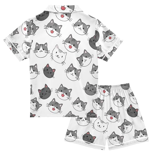 ALAZA Gray Cat Kitten Animal White Pajamas Satin Pajama Set Short Sleeve Button Down Sleepwear2