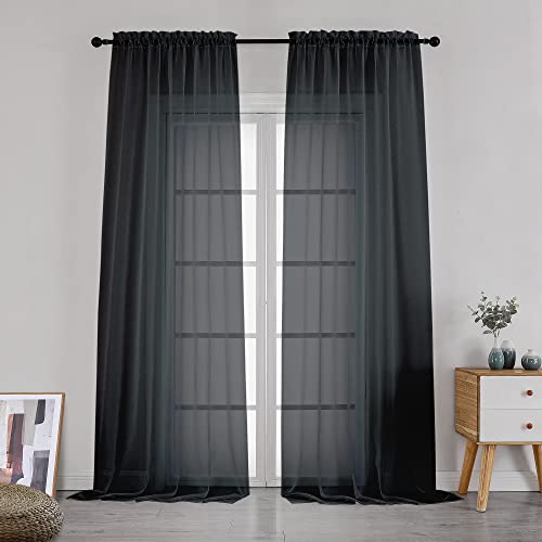Image of Simplebrand Black Sheer Curtains 108 Inches Long, Extra Long Rod Pocket Solid Color Window Sheer Curtain Panels, Elegant Curtains & Drapes for Living Room, Bedroom 2 Panels (Black, 42 inch W x 108 inch L)