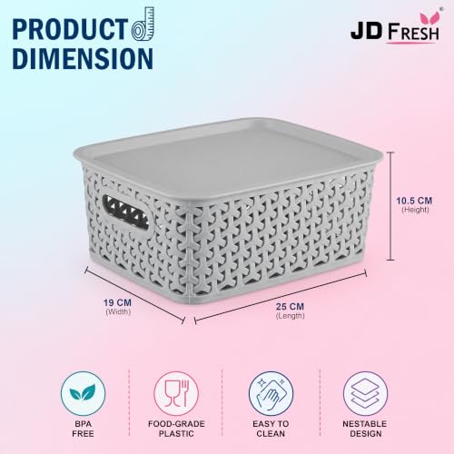 Image of JD Fresh Pack of 3 Premium Plastic Storage Basket with Lid /Smooth Handle Design&Stackable Storage Organizer /Durable Kitchen Storage Basket for Clothes, Vegetables, Fruits, Toys, Stationery(Multicolor)