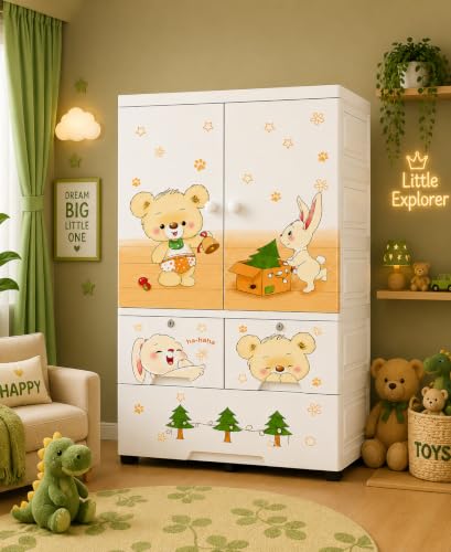 Image of Kids Plastic Wardrobe for Clothes Storage | Baby Cupboard & Almirah with Hanging Rod & Shelves | Portable Collapsible Storage Cabinet for Bedroom | Cartoon Kids Wardrobe