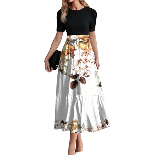 Summer Maxi Dresses for Women Short Sleeve Casual Trendy Smocked Flowy A Line Elegant Formal Floral Slim Long Dress