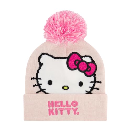 Hello Kitty Beanie Hat and Gloves Set, Girls Cuffed Marled Winter Knit Cap with Pom and Matching Mittens, Pink, One Size2