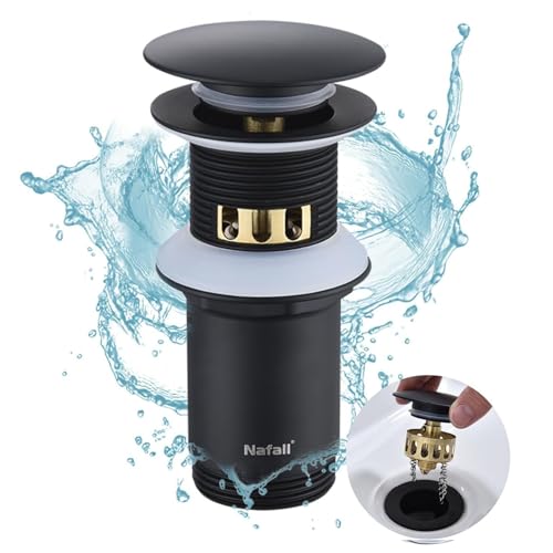 Nafall Tampa de lavatório - padrão G 1 ¼ ralo de tampa lavatório click clack, ralo de lavatório com escoamento, para orifícios de drenagem de lavatório com 42 - 50 mm de diâmetro (preto)
