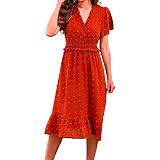Mujer Elegante manga corta cuello en V Dot Midi Vestidos de verano para mujer 2023 Boho Volantes vestidos largos con volantes vestido de cóctel para mujer con purpurina sexy, rojo, S