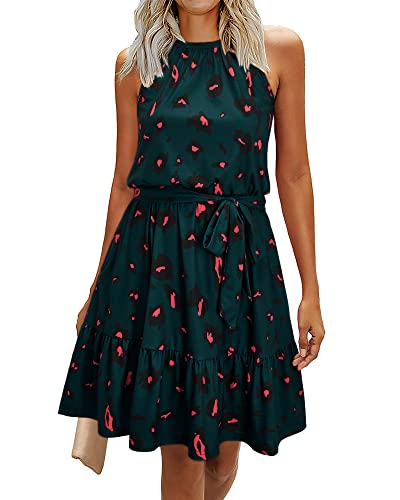 Newshows Women's 2026 Summer Dress Halter Casual Beach Vacation Outfits Hawaiian Dresses Ruffle Belted Sundress with Pockets(Floral-16, XXL)