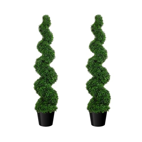 5ft Artificial Boxwood Spiral Topiary Trees, Evergreen Realistic Lush Leaves Spiral Topiary Artificial Outdoor Set of 2, Faux Plant for Garden, Porch, Indoor, Entryway Decor (3.5FT/42in)
