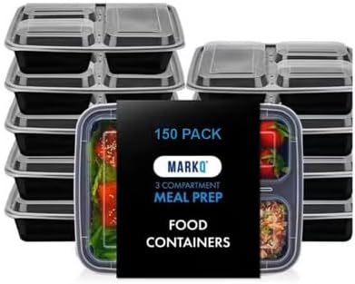MARKQ [10 Pack] [32 Oz] Meal Prep Containers with Lids - 3-Compartment Plastic Food Storage Containers - Reusable Lunch Boxes for Adults & Meal Planning