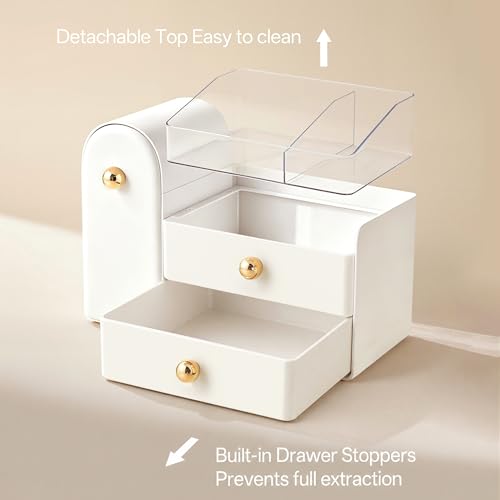 Image of HBlife Makeup Organizer Countertop with Drawers, Vanity Organizers with Brush Holder, Bathroom Counter Organizer for Perfume, Nail Polishes, Lipsticks, Skincare and Eyeshadow Palettes, White and Gold