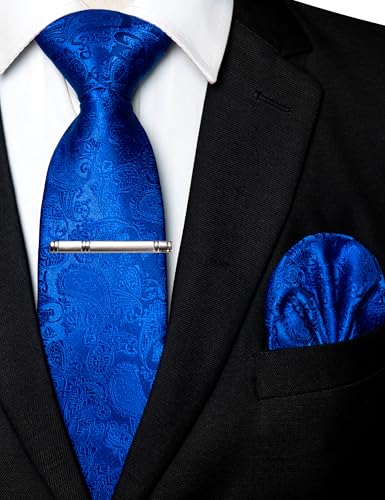 Image of JEMYGINS Mens Solid Color Paisley Necktie and Pocket Square with Tie Clip Sets
