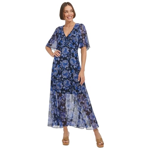Image of Tommy Hilfiger Women's Elbow Sleeve V-Neck Empire Waist Chiffon Dress