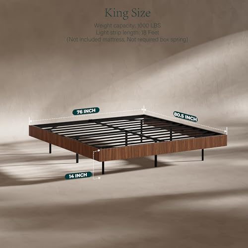 Image of Evermagin Walnut King Floating Bed Frame with led Lights, Fluted 14In High Platform Bed No Headboard, Mid Century Modern Float Metal Bedframe, No Box Spring Needed (Walnut, King-14in high)
