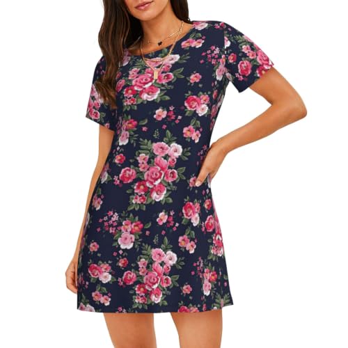 Uusnwaa Camisón de manga corta para mujer, suave y holgado, estampado de peonías, Negro, M