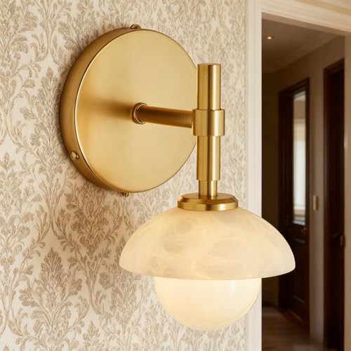 Modern Alabaster Single Wall Sconce with Brushed Brass Finish, 8
