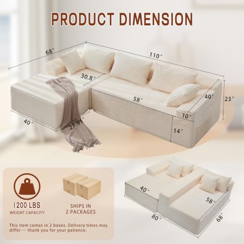 Image of Korser 108 inch L-Shaped Modular Sectional Sofa with Chaise, Boneless Comfy Corduroy Fluffy Couch with Deep Seat and Side Pockets, Flexible Module Combination for Living Room, No Assembly, Side Pockets
