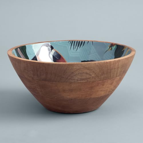 Image of SAAGA Printed Mango Wood Serving Bowl - 10 x 4 Inch Handcrafted Round Wooden Bowl | Food-Grade Finish for Noodles, Soups, Curries & Snacks - Tourmaline Finish
