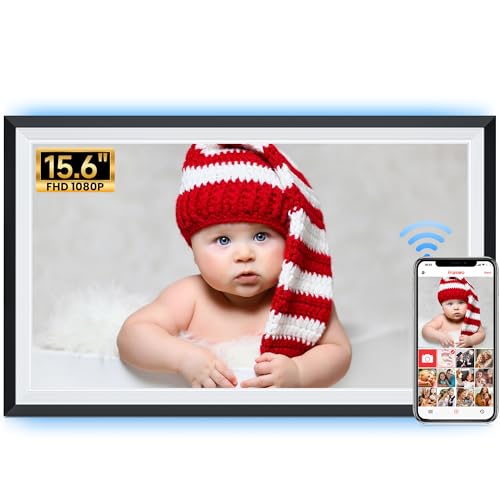FRAMEO 15.6 Zoll Digitaler Bilderrahmen - 1920 * 1080 IPS Touchscreen, 32GB Speicher, Auto Rotation Elektronischer Digitale Fotorahmen, Teilen Sie Fotos/Videos Sofort(Schwarzweiß mit LED-Beleuchtung)