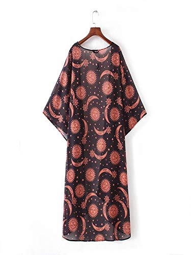 Kemilove Women Sun and Moon Print Chiffon Irregular Kimono Cardigan (XL, Brown)